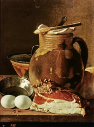 Still Life with Ham, Eggs, Bread, Frying Pan and Pitcher